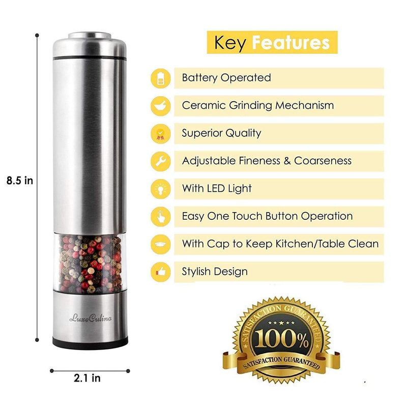 Electric Pepper Grinder or Salt Grinder Mill Set (Pack of 2) by LuxeCulina | Battery Operated with Light | Automatic Shakers with Adjustable Coarseness