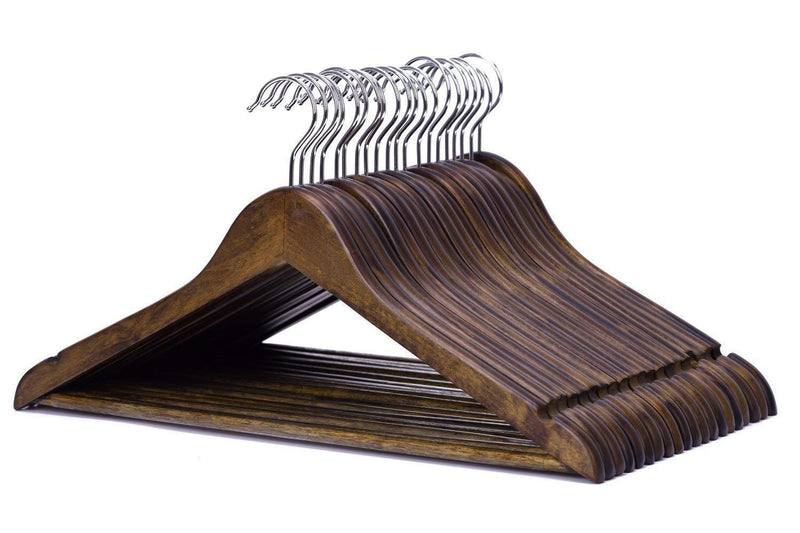 JS HANGER Solid Wooden Suit Hangers Retro Finish with Anti-Rust Hooks and Non-Slip Bar - 20 Pack