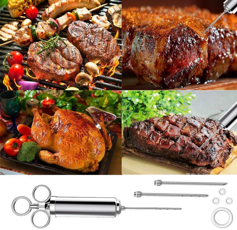 Cenow Meat Injector Kit Marinade Injector -Making The Juiciest BBQ& Turkey 3 Professional Marinade Needles+ 2 Cleaning Brushes