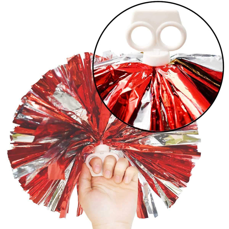 TTSAM 4 Pack (2 Pair) Metallic Foil Cheerleader Pom Poms & Plastic Ring Cheer Poms with Baton Handle Cheerleading Pompoms for Sports Party Dance Team Accessories Cheering Squad Spirit (Red & Silver)