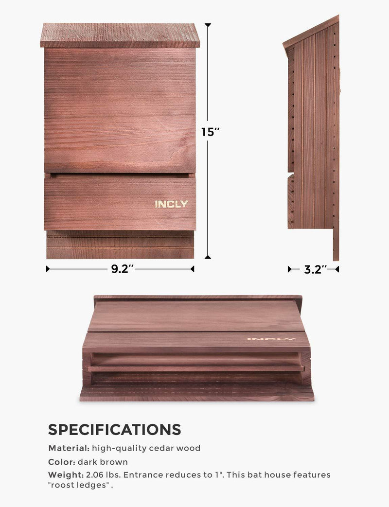 INCLY Bat House Kit for Outdoors 15"x9.2"x3.2" Shelter Box Double Chamber Dark Natural Cedar Wood, Pre-Finished Easy to Install