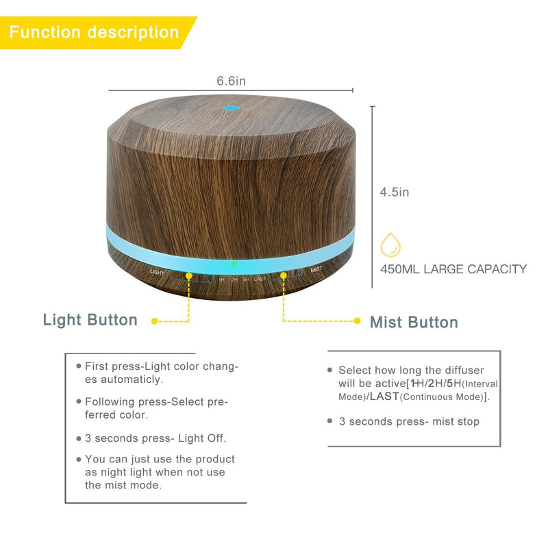 450ml Diffusers for Essential Oils, Wood Grain Aromatherapy Cool Mist Air Humidifier Diffuser with 8 Color LED Lights for Home Bedroom Office by Doukedge