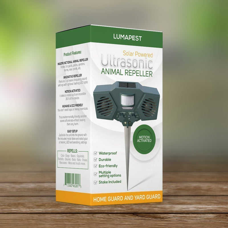 Lumapest Ultrasonic Outdoor Pest & Animal Repeller Upgraded Version - Solar Powered Motion Activated Sensor - Humane, Eco-Friendly - Effective Pest & Animal Management Without Traps or Chemicals