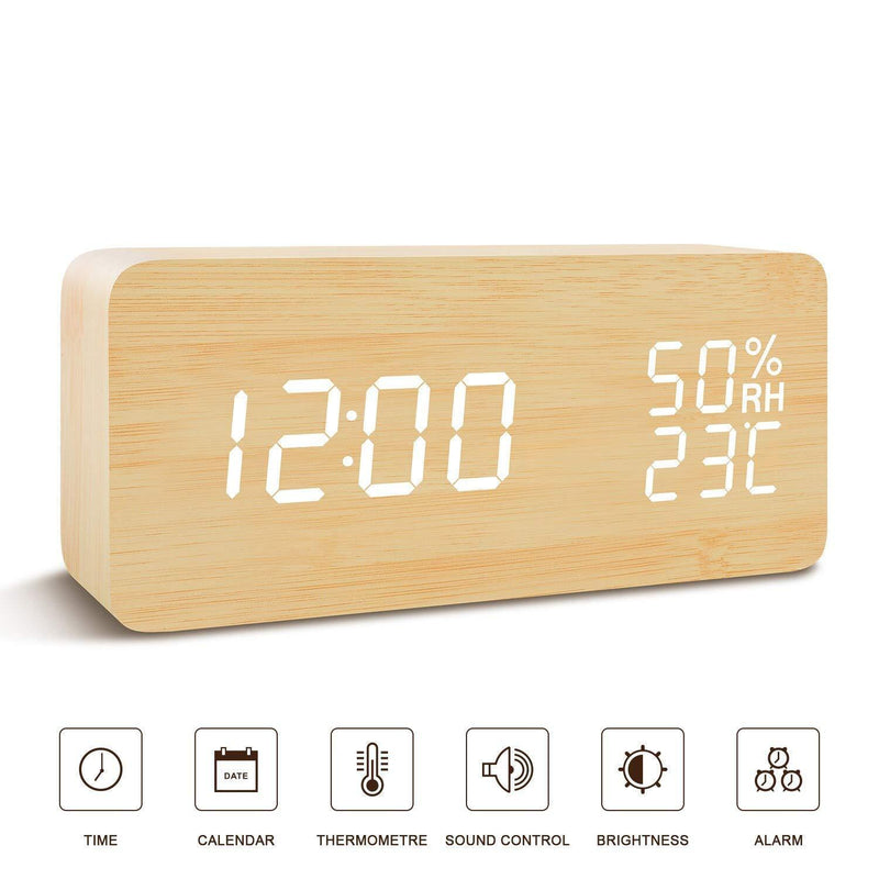 BlaCOG Alarm Clock Digital Desk Wooden Alarm Clock Upgraded with Time Temperature, Adjustable Brightness, 3 Set of Alarm and Voice Control - Bamboo