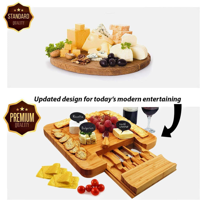 Bamboo Cheese Board & Cutlery Set with Slide-Out Drawer, 4 Stainless Steel Knife, Wood Platter & Serving Tray. Includes 3 Label & Chalk, Unique Gift Idea for Mom, Wedding Day, Engagement and Birthday