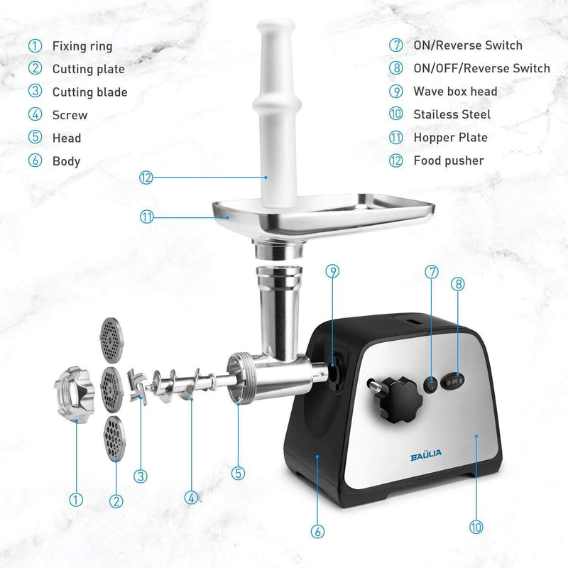 Baulia MG806 Electric Grinder for Home Use, 3 Cutting Blades & Stuffing Tubes, Stainless Steel Meat Mincer for Making Sausages, Chopped Liver, Size