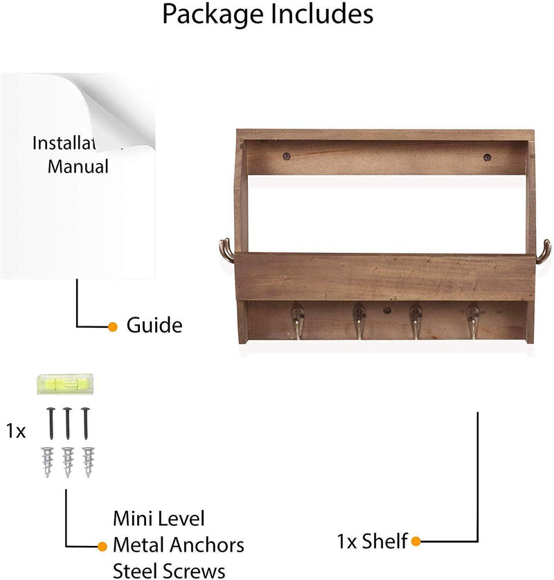 Wallniture Entryway Décor Mail Holder Shelf Coat Rack with 8 Hooks Wood Walnut 12 Inches Long