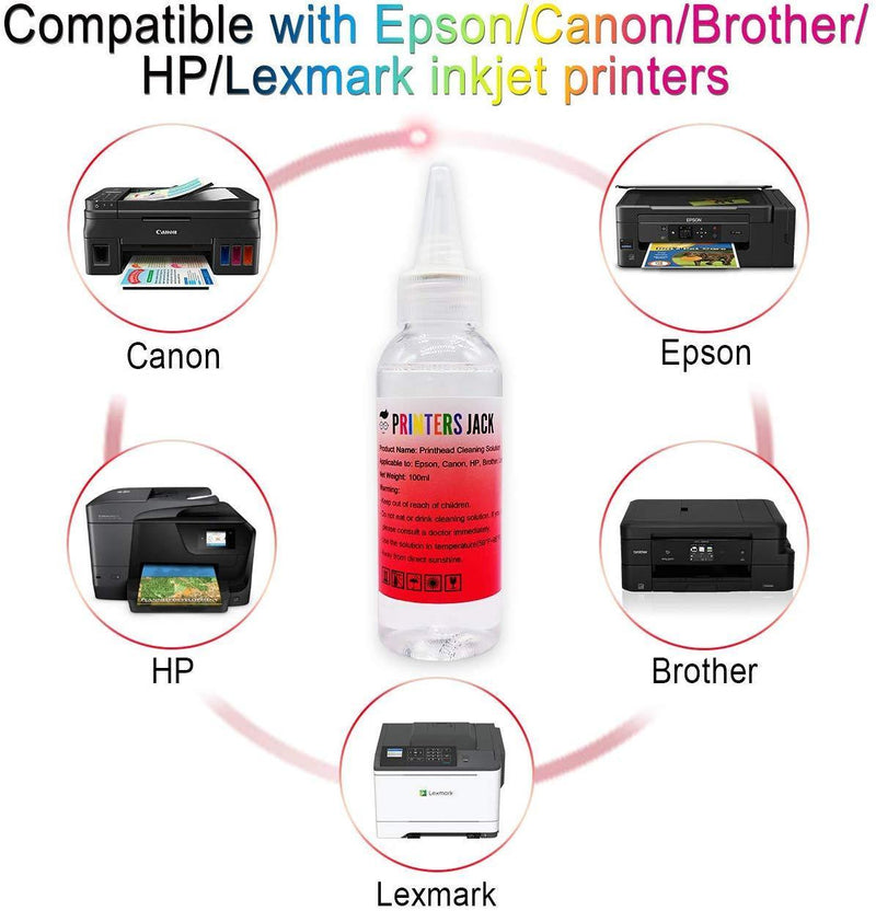 Printhead Cleaner for Inkjet Printers Brother HP Officejet 8610 8600 8620 6600 5520 6500 6700 Canon Pro 10 Pro 100 MX922 Brother MG7120 MG6320, Liquid Printers Head Cleaning Kit Solution 100ml / 3.4oz