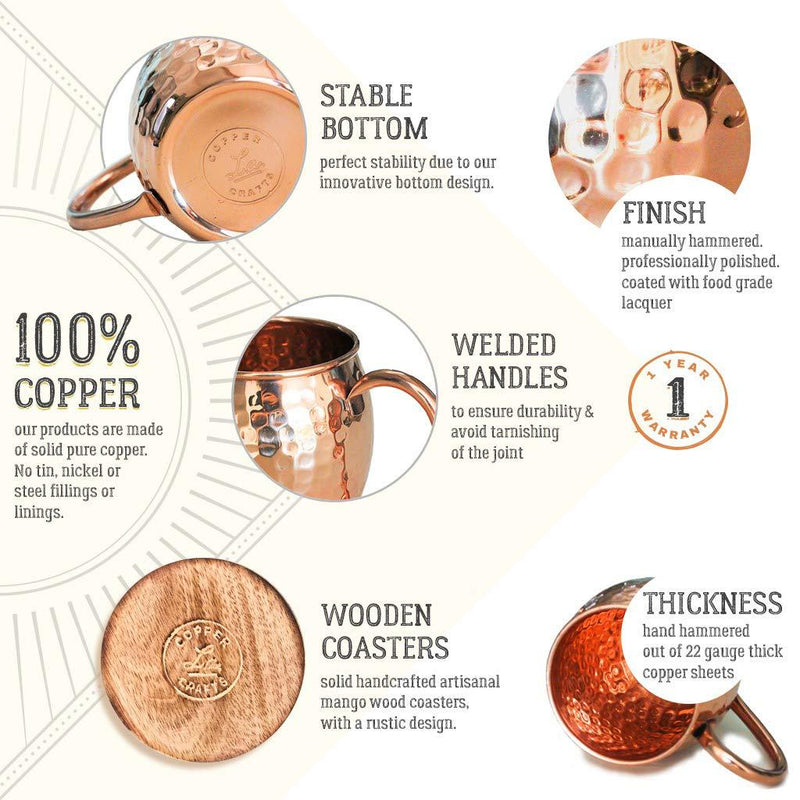 Moscow Mule Copper Mugs Set - 4 Authentic Handcrafted Copper Mugs (16 oz.) with 2 oz. Shot Glass, 4 Straws, 4 Solid Wood Coasters and Recipe Book - Gift Box Included