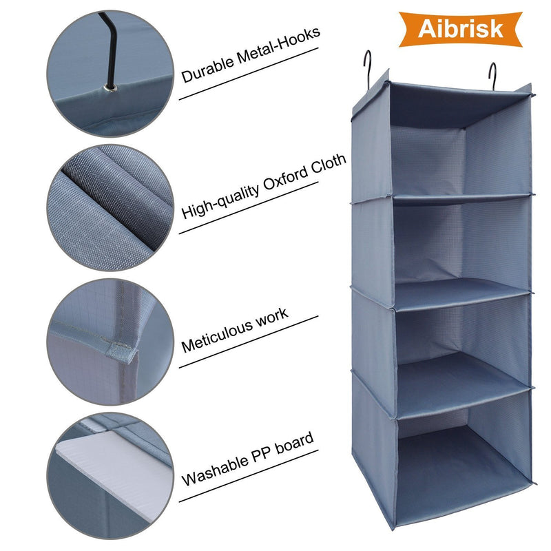 Aibrisk 4 Shelves Hanging Closet Organizer Collapsible Hanging Closet Shelves Storage Organizer Oxford Cloth, Gray