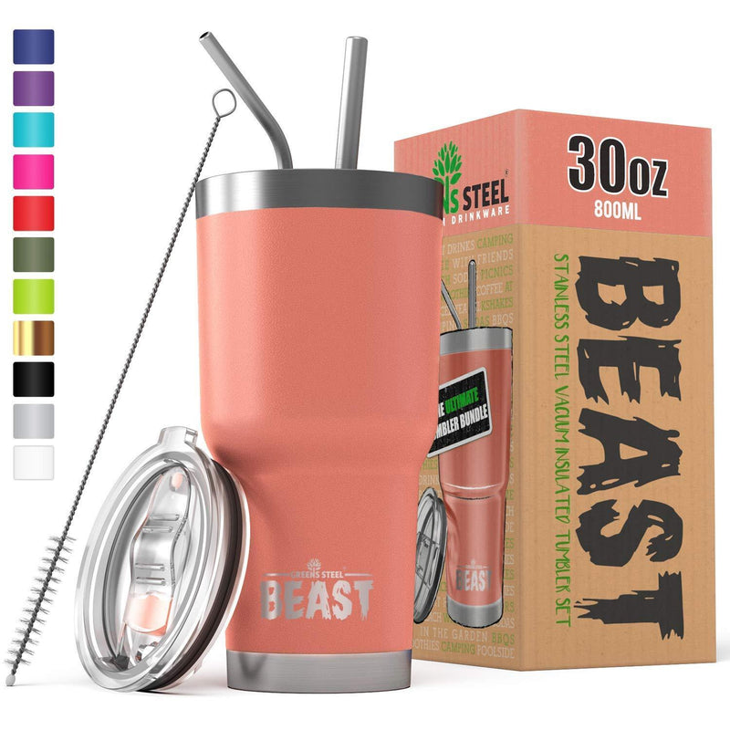 BEAST 30 oz Tumbler Stainless Steel Insulated Coffee Cup with Lid, 2 Straws, Brush & Gift Box by Greens Steel (30 oz, Army Green)