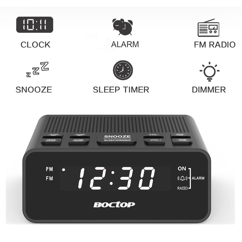 BOCTOP Digital LED Alarm Clock Radio with Sleep Timer FM Radio, 2A USB Charging Port, Dimmer, Snooze for Bedrooms