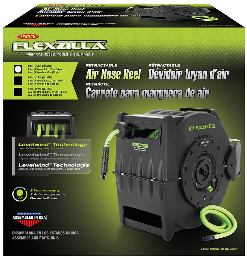 Flexzilla Levelwind Retractable Air Hose Reel, 3/8 in. x 50 ft, Heavy Duty, Lightweight, Hybrid, ZillaGreen - L8305FZ