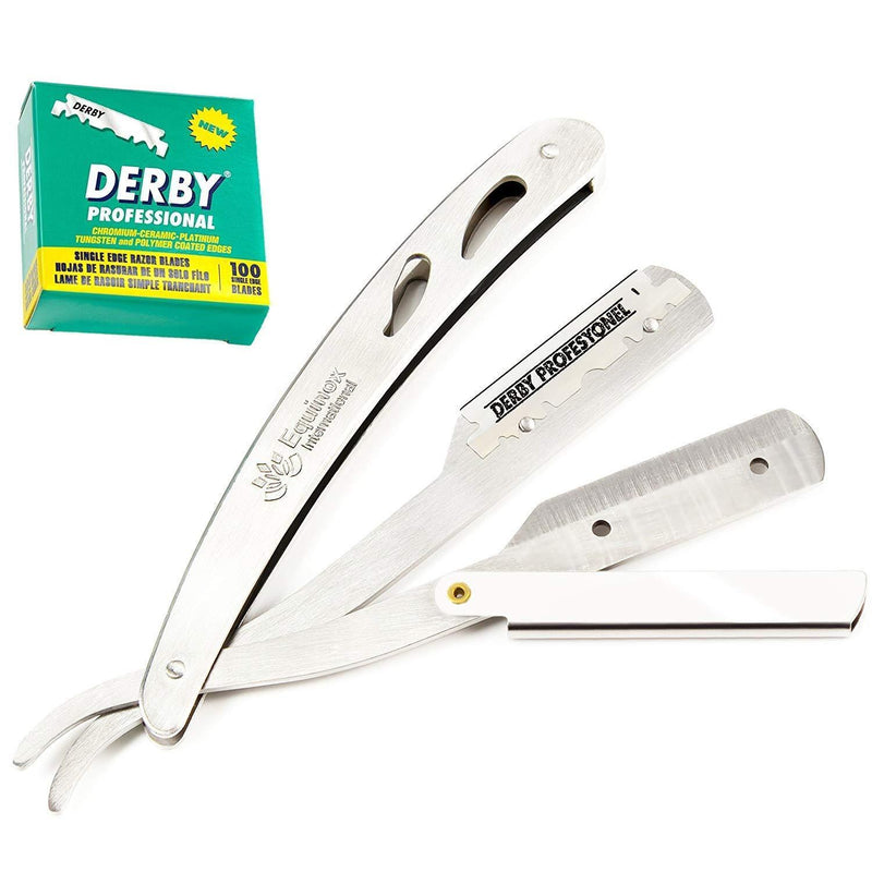 Equinox International Professional Steel Straight Edge Razor with 100 Single Edge Derby Premium Blades by Equinox International - Great for Barbers, Salons, and Hair Enthusiasts