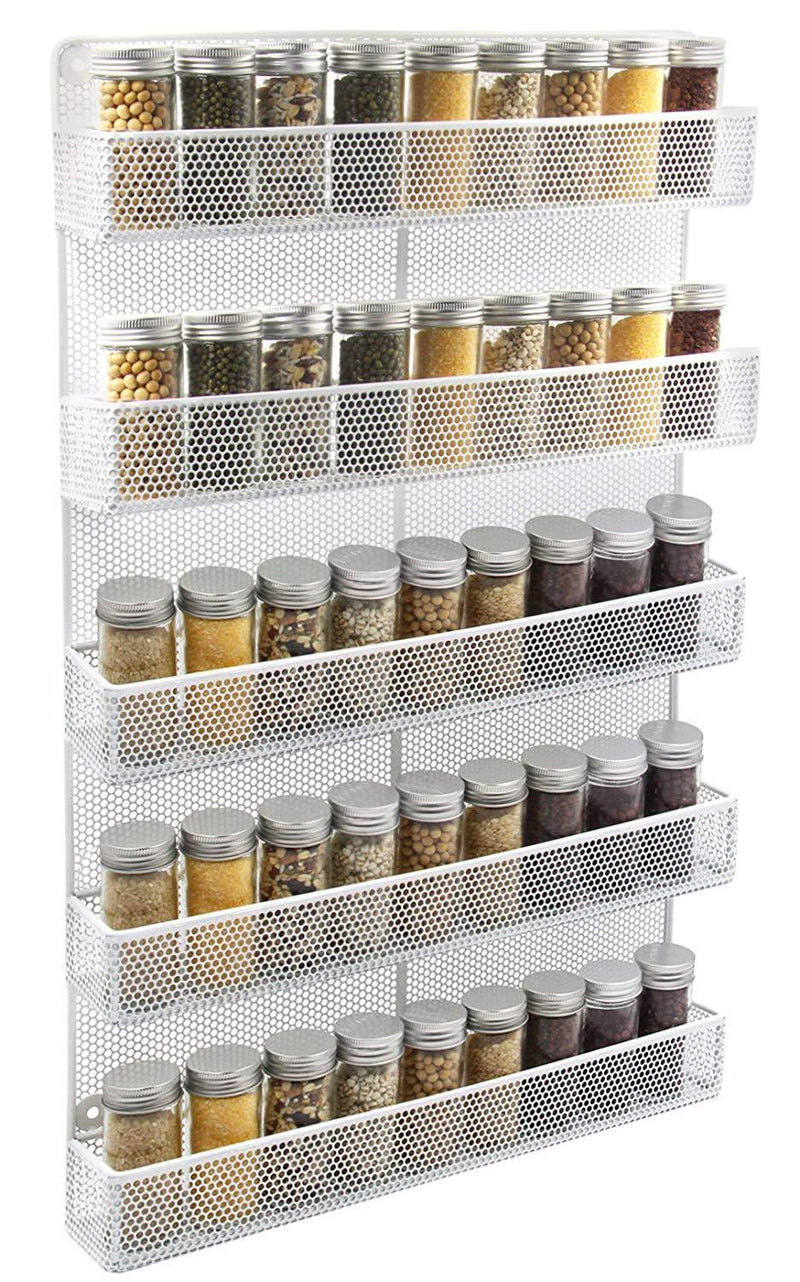 TQVAI 5 Tier Wall Mount Spice Rack Organizer Kitchen Spice Storage Shelf - Made of Sturdy Punching Net, White