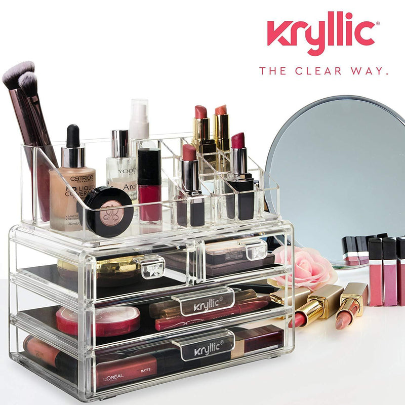 Acrylic Vanity Makeup Cosmetic Organizer -16 slot 4 box drawer storage organizers for make up brushes lipstick lipgloss brush palette! Countertop organization holder for bathroom & bedroom accessories