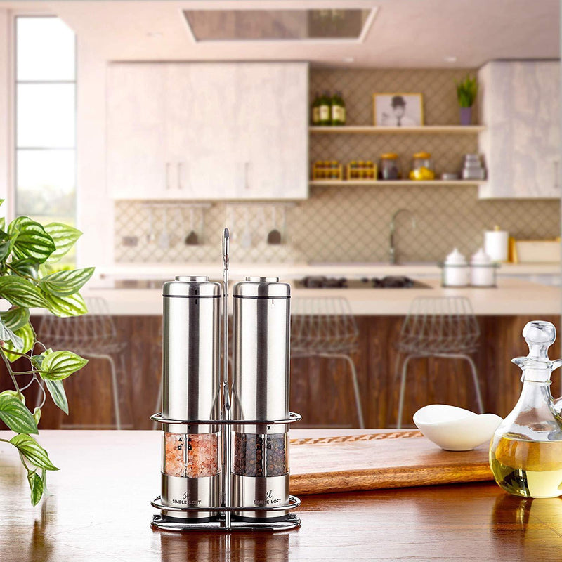 SIMPLE LOFT Salt and Pepper Grinder Electric Set - Automatic Stainless Steel Battery Powered Mills with Light and Metal Stand (2019)