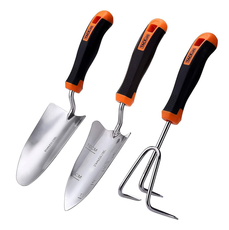 TACKLIFE Garden Tool Set, 3 Piece Stainless Steel Heavy Duty Gardening Kit with Soft Rubberized Non-Slip Handle - Trowel, Transplant Trowel and Cultivator Hand Rake - Garden Gifts for Parents丨GGT1A