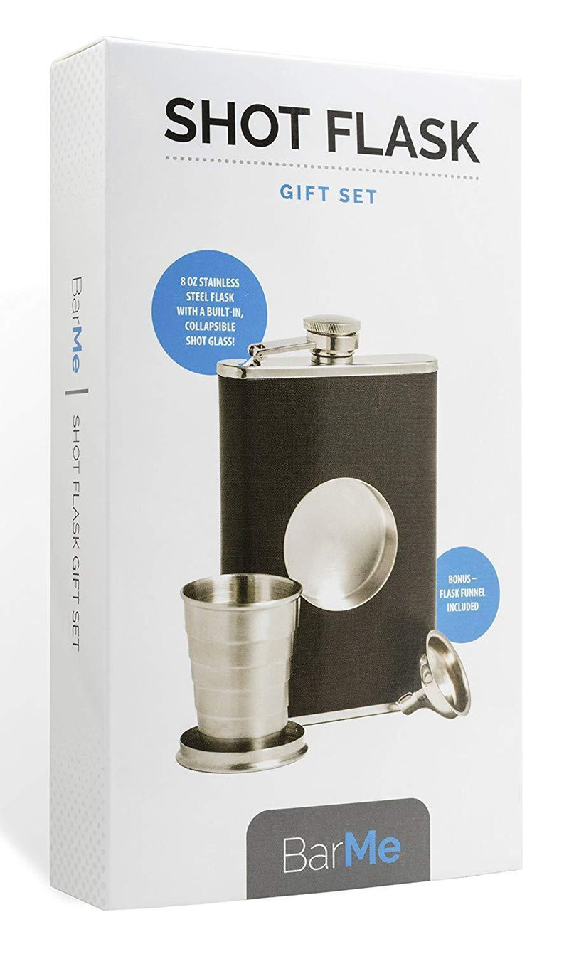 Shot Flask - Stainless Steel 8 oz Hip Flask, Built-in Collapsible 2 Oz. Shot Glass & Flask Funnel - Everything You Need to Pour Shots on the Go - BarMe Brand