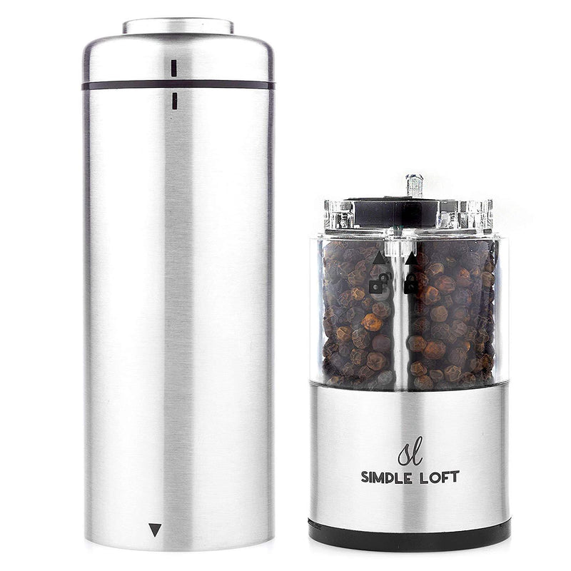 SIMPLE LOFT Salt and Pepper Grinder Electric Set - Automatic Stainless Steel Battery Powered Mills with Light and Metal Stand (2019)