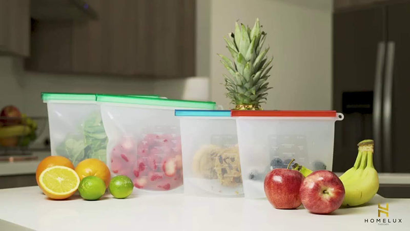 Homelux Theory Reusable Silicone Food Storage Bags | Sandwich, Sous Vide, Liquid, Snack, Lunch, Fruit, Freezer Airtight Seal | BEST for preserving and cooking | UPGRADED SIZE - 2 Large & 2 small