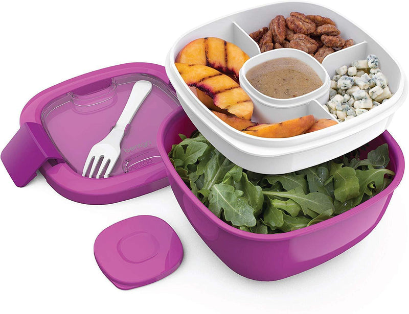 Bentgo Salad BPA-Free Lunch Container with Large 54-oz Salad Bowl, 3-Compartment Bento-Style Tray for Salad Toppings and Snacks, 3-oz Sauce Container for Dressings, and Built-In Reusable Fork (Purple)