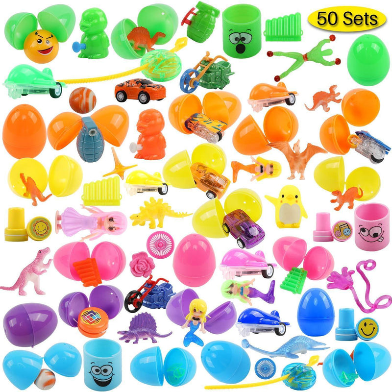 FUNNISM 50 Pieces Toys Filled Surprise Eggs, 2.5 Inches Bright Colorful Prefilled Plastic Surprise Eggs with 25 kinds of Popular Toys