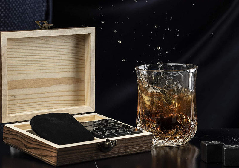 Whiskey Stones Set by Thorsen Tavern - 9 Granite Whiskey Chilling Stones, 1 Tongs set & 1 Black Velvet Bag in Elegant Wooden Box; Keep Your Whiskey, Bourbon and Scotch Slightly Chilled & Flavorful