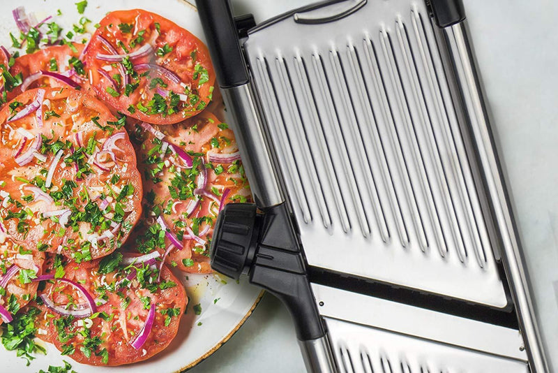 Gramercy Kitchen Co. Adjustable Stainless Steel Mandoline Food Slicer - Comes with One Pair Cut-Resistant Gloves || Vegetable Onion Potato Chip French Fry Julienne Slicer