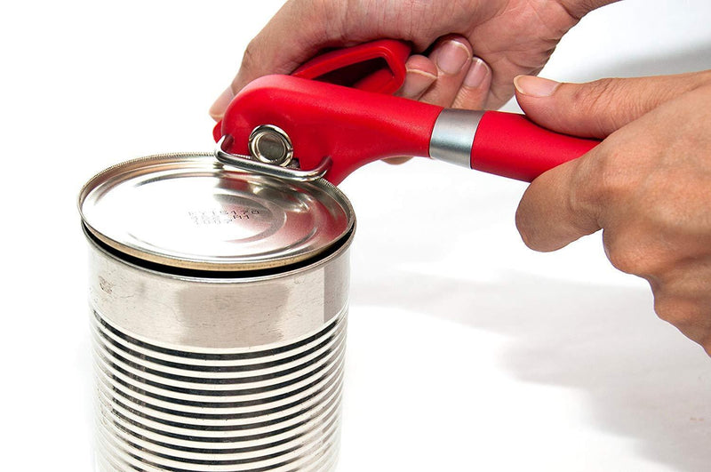 ACE Safety Can Opener - Cut With The Smooth Edge Side Cutting Red Manual Tin Can Opener. Round Handle Designed To Fit In Your Palm. Coupled With Rubberized Knob For A Firm Grip.