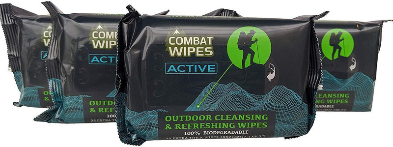 Combat Wipes ACTIVE Outdoor Wet Wipes | Extra Thick, Ultralight, Biodegradable, Body & Hand Cleansing/Refreshing Cloths for Camping, Travel, Gym & Backpacking w/ Natural Aloe & Vitamin E (25 Wipes)