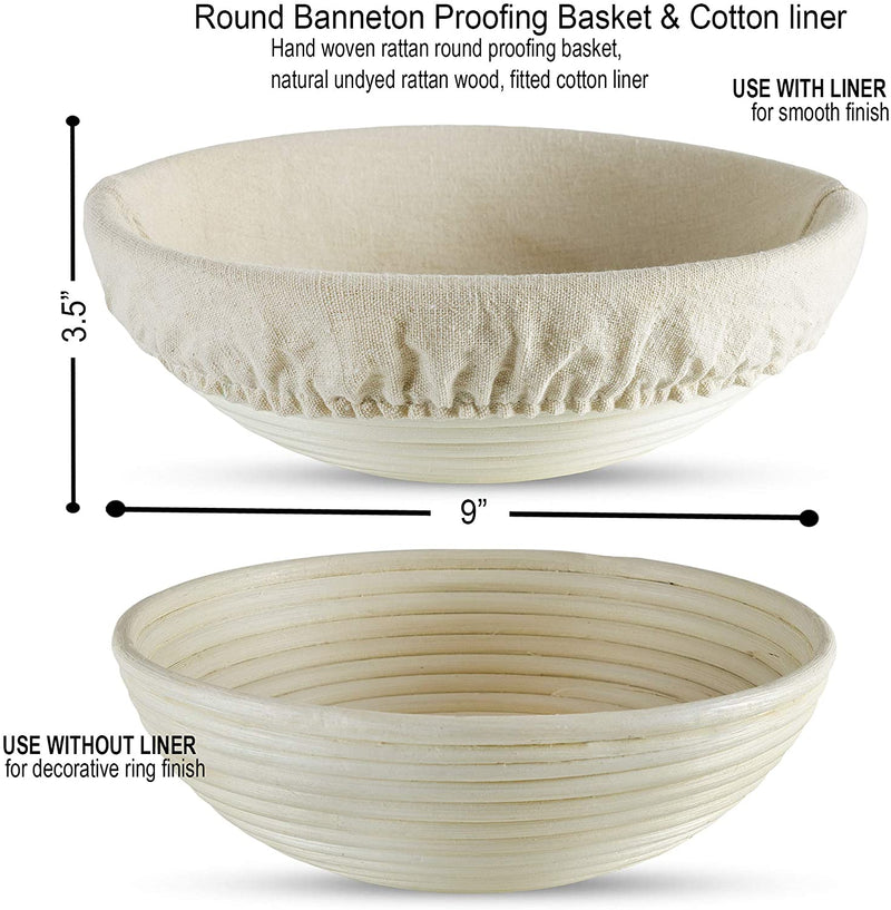 9 inch Round Banneton Bread Baking Proofing Basket Set with Natural Rattan Brotform, Cotton Liner, French Bread Lame Scoring Tool, 10-Pk Dough Blades, Flexible Bowl Scraper, eBook by XUANNIAO