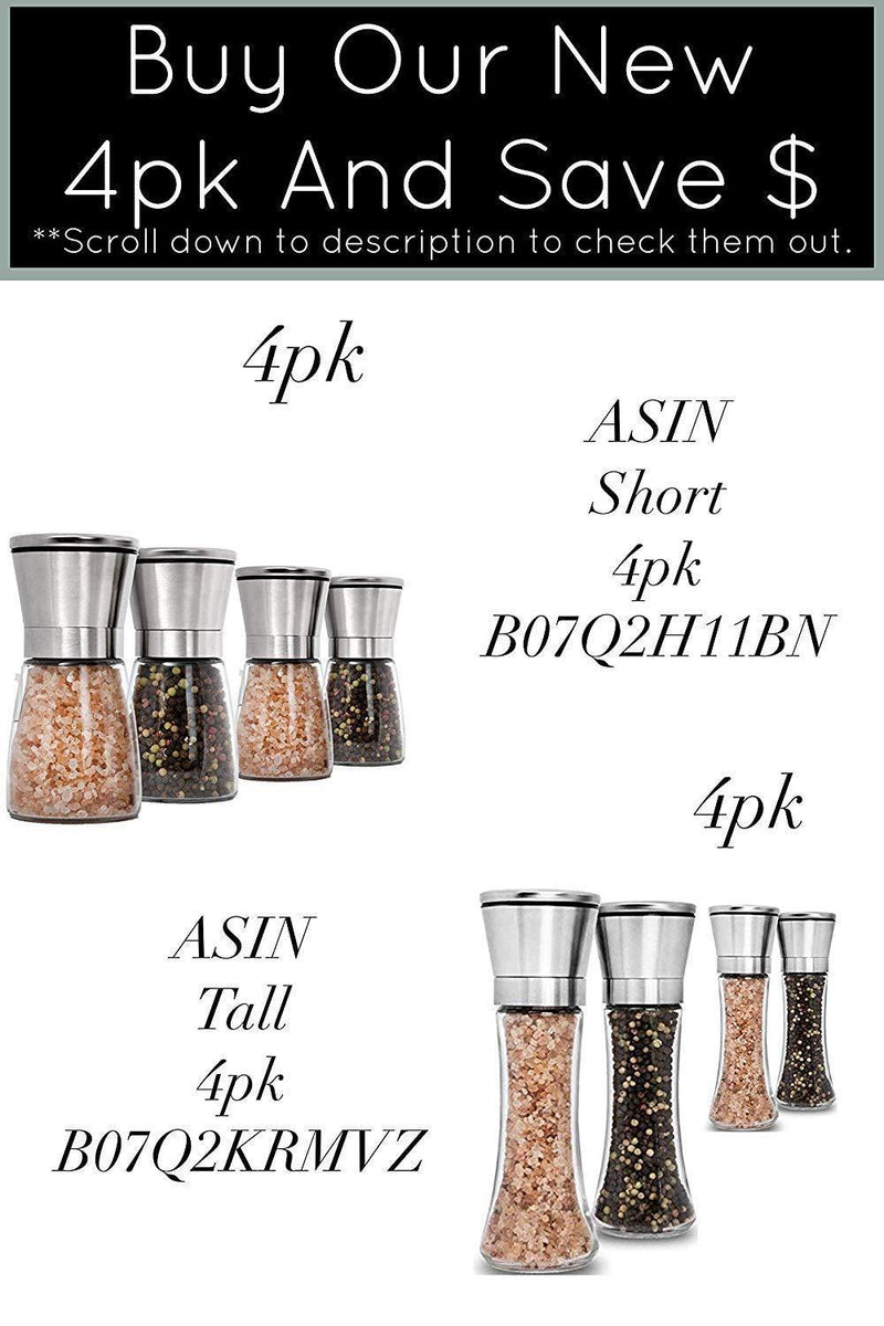 Salt and Pepper Grinder Set - Mill and Shakers Kit - Brushed Stainless Steel, Tall Premium Glass and Adjustable Ceramic Grinding System for Cooking Spices - Perfect on Kitchen by Braviloni