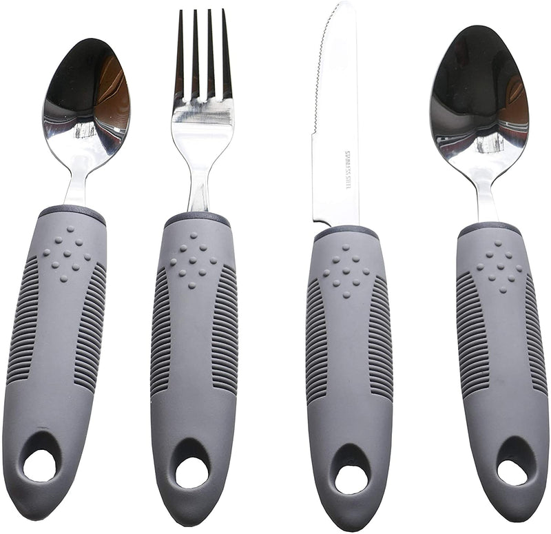 BunMo 4 Piece Cutlery Set Easy Grip Extra Thick Handles, Ideal Eating Aid for The Disabled, Elderly and Those with Limted Hand Movement or Tremors.