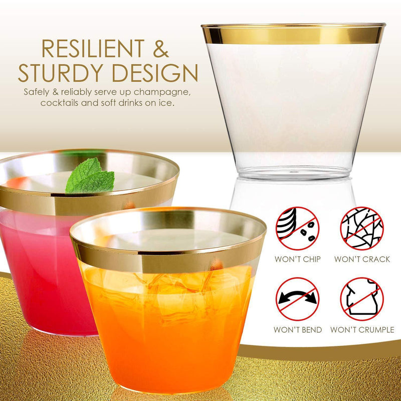 Premium Gold 9oz Cups – 100 Pack + 100 Napkins – Disposable or Reusable Plastic Decorative Glasses For Weddings, Baby Showers, Cocktails, Wine, Champagne Toasts, Sparkling Drinks – BPA Free