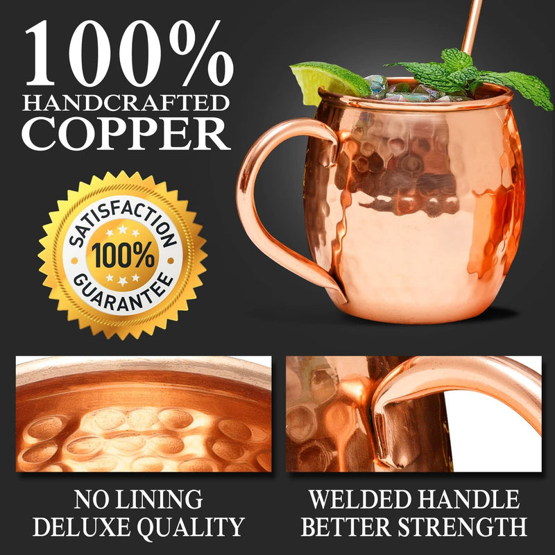 Benicci Moscow Mule Copper Mugs - 100% HANDCRAFTED - Food Safe Pure Solid Unlined Copper Mug 16 oz Gift Set with BONUS: Highest Quality Cocktail Copper Straws, Shot Glass and Spoon (Set of 4)