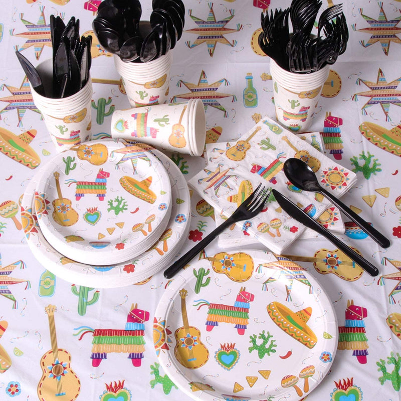 Duocute Fiesta Party Supplies 177PCS Mexican Theme Cinco De Mayo Disposable Tableware Set Includes Plates, 12oz Cups, Napkins, Spoons, Forks, Knives, Tablecloth and Banner, Serves 25