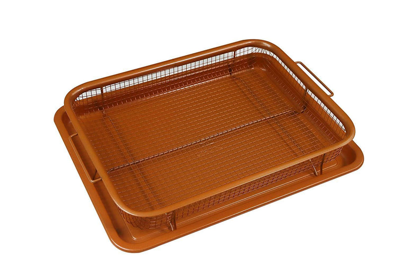 Deluxe Copper Crisper - 2-Pieces Nonstick Oven Air Fryer Pan / Tray & Mesh Basket Set - Air Fryer in Oven - Ideal for French Fry - Frozen Food , Baking Sheet without Oil by WHG