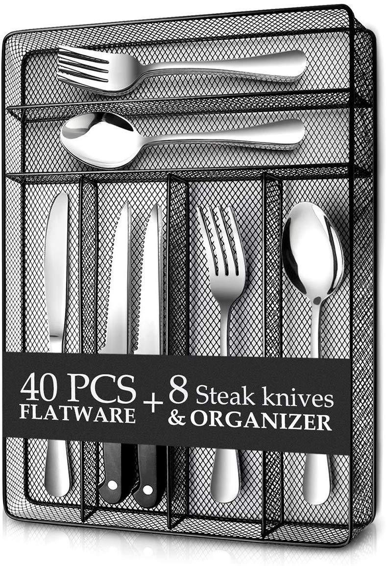 24 Piece Silverware Teivio  Set, Flatware Utensils Set Mirror Polished, Dishwasher Safe Service for 4, Include Knife/Fork/Spoon/Steak Knife/Wire Mesh Steel Cutlery Holder Storage Trays (Silver)