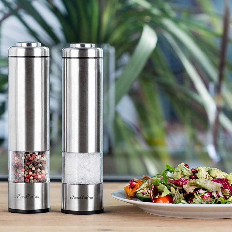 Electric Pepper Grinder or Salt Grinder Mill Set (Pack of 2) by LuxeCulina | Battery Operated with Light | Automatic Shakers with Adjustable Coarseness