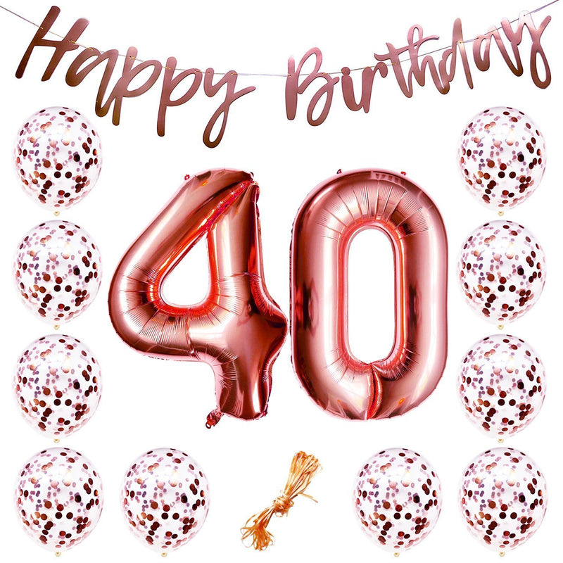 13th Birthday Party Decorations Rose Gold Decor Strung Banner (Happy Birthday) & 12PC Helium Balloons w/Ribbon [Huge Numbers “13”, Confetti] Kit Set Supplies Bundle | Thirteenth 13 Year Old Year-Old