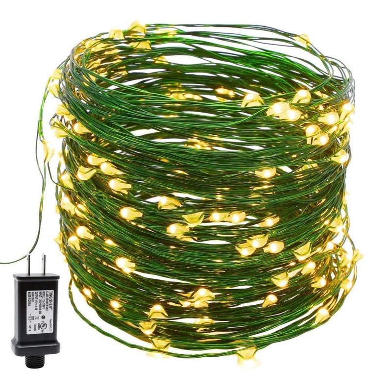 YULETIME Fairy String Lights with Adapter, 66Ft 200 LEDs Waterproof Starry Copper Wire Lights, Home Decor Firefly Lights for Garden Backyard Christmas Tree (Green Wire, Warm White)