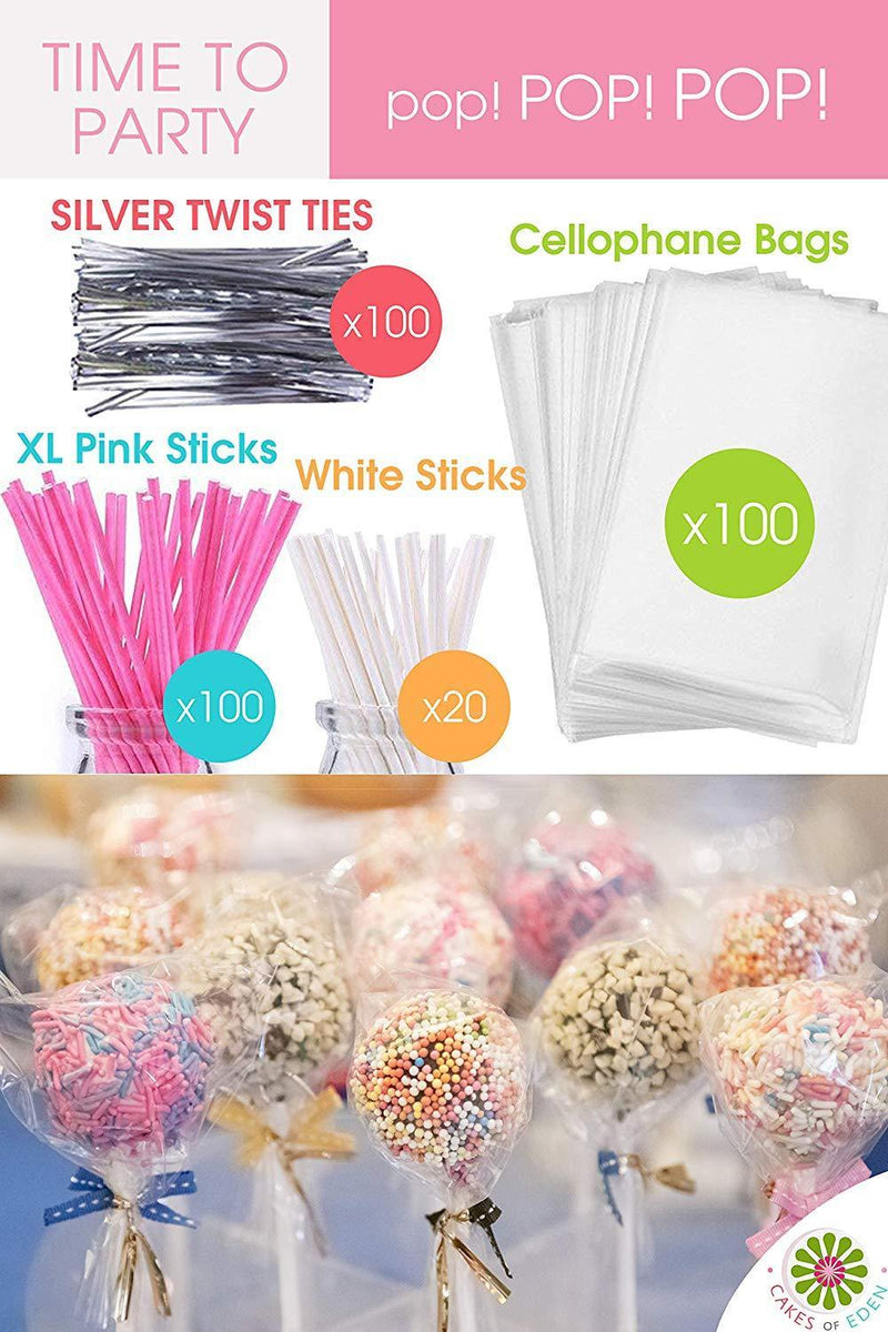 COMPLETE CAKE POP MAKER KIT - Jam packed with silicone cakepop baking mold, 120 lollipop sticks, candy and chocolate melting pot, decorating pen, bags, twist ties & 3-Tier display stand holder