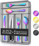 24 Piece Silverware Teivio  Set, Flatware Utensils Set Mirror Polished, Dishwasher Safe Service for 4, Include Knife/Fork/Spoon/Steak Knife/Wire Mesh Steel Cutlery Holder Storage Trays (Silver)