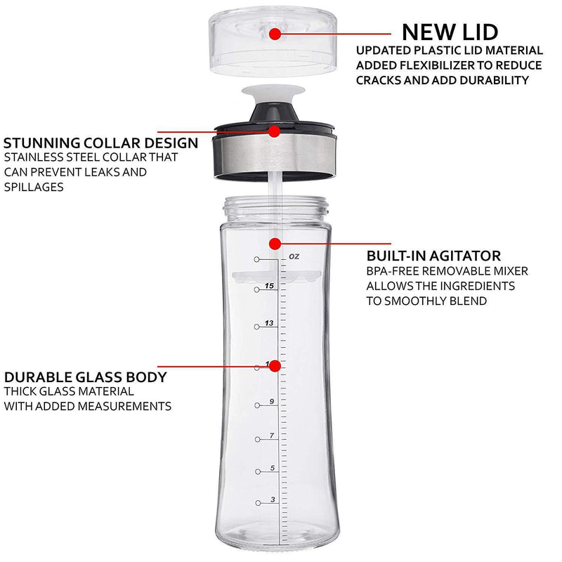 Salad Dressing Mixer Shaker By Kitchen De Lujo - Elegant, Tall Glass Body Bottle With Oz Measurements - BPA Free Container - 20oz Capacity - Easy To Refill & Use - Ideal Healthy Eating Accessory