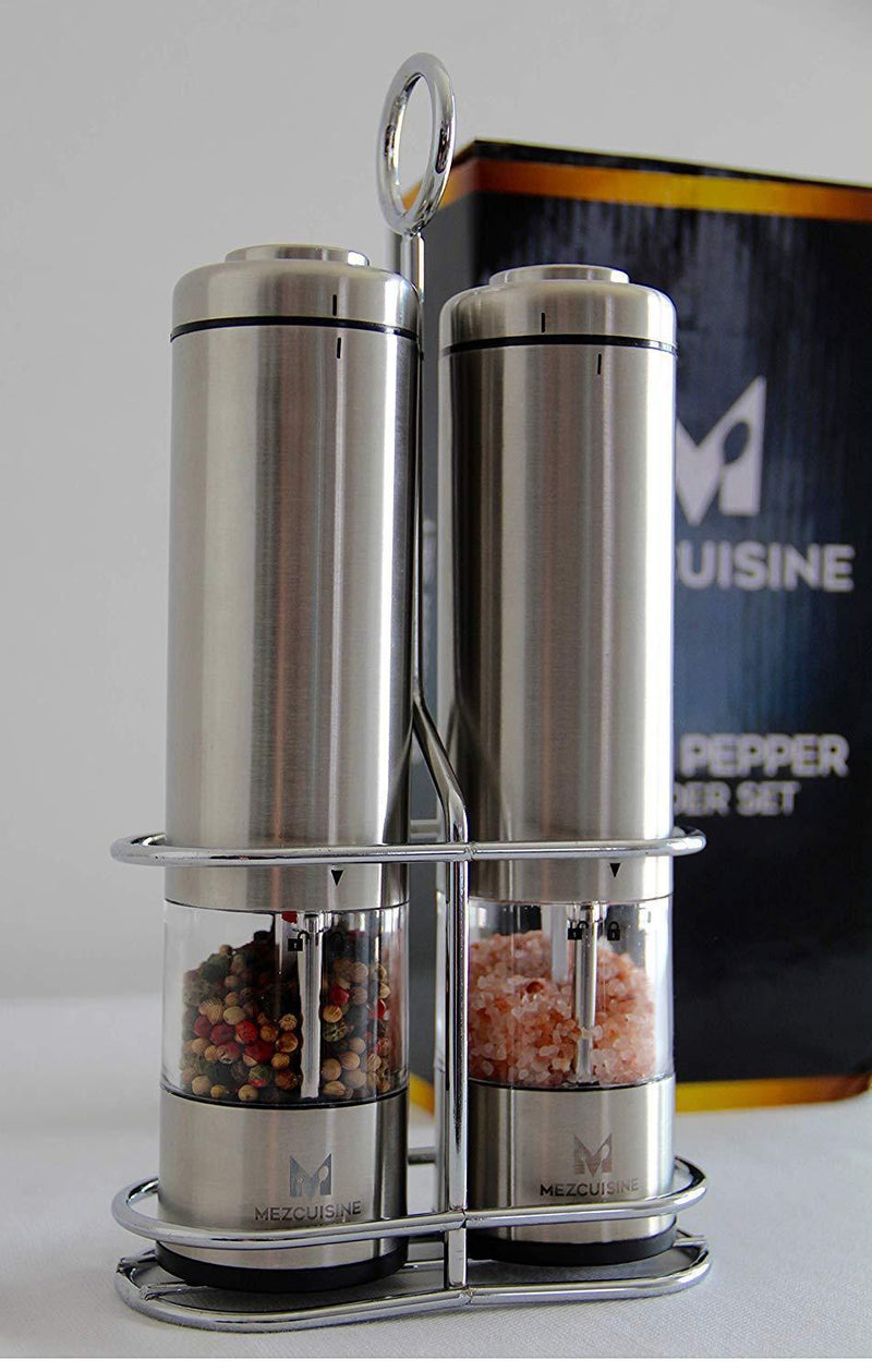 Electric Salt and Pepper Grinder Set by Mezcuisine – Premium Stainless Steel Salt&Pepper Mill Battery Operated with LED Light (Pack of 2) – Automatic Adjustable Shakers with Metal Stand