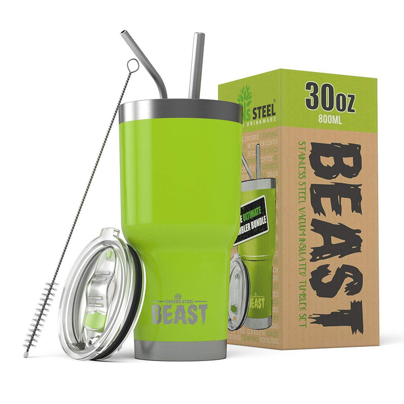 BEAST 30oz Stainless Steel Tumbler Vacuum Insulated Rambler Coffee Cup Double Wall Travel Flask Mug with Splash Proof Lid, 2 Straws, Pipe Brush & Gift Box Bundle By Greens Steel