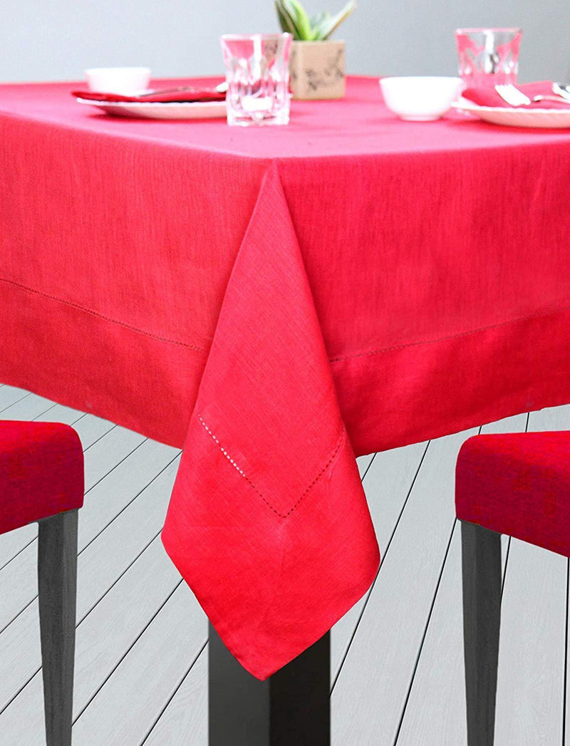 Cotton Craft 100% Linen Christmas Red Table Cloth -Size 60x120 Red Hand Crafted and Hand Stitched Table Cloth with Hemstitch detailing.