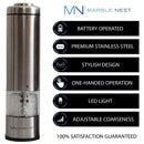 Electric Salt and Pepper Grinder Set (Battery Operated) by Marble Nest - Premium Stainless Steel with Stand - LED Light - Ceramic Mill - Adjustable Fine to Coarse Knob - Separate Battery Compartment