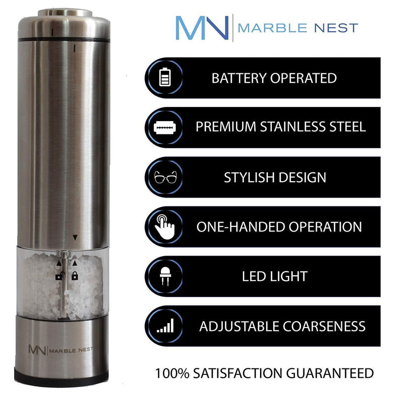 Electric Salt and Pepper Grinder Set (Battery Operated) by Marble Nest - Premium Stainless Steel with Stand - LED Light - Ceramic Mill - Adjustable Fine to Coarse Knob - Separate Battery Compartment